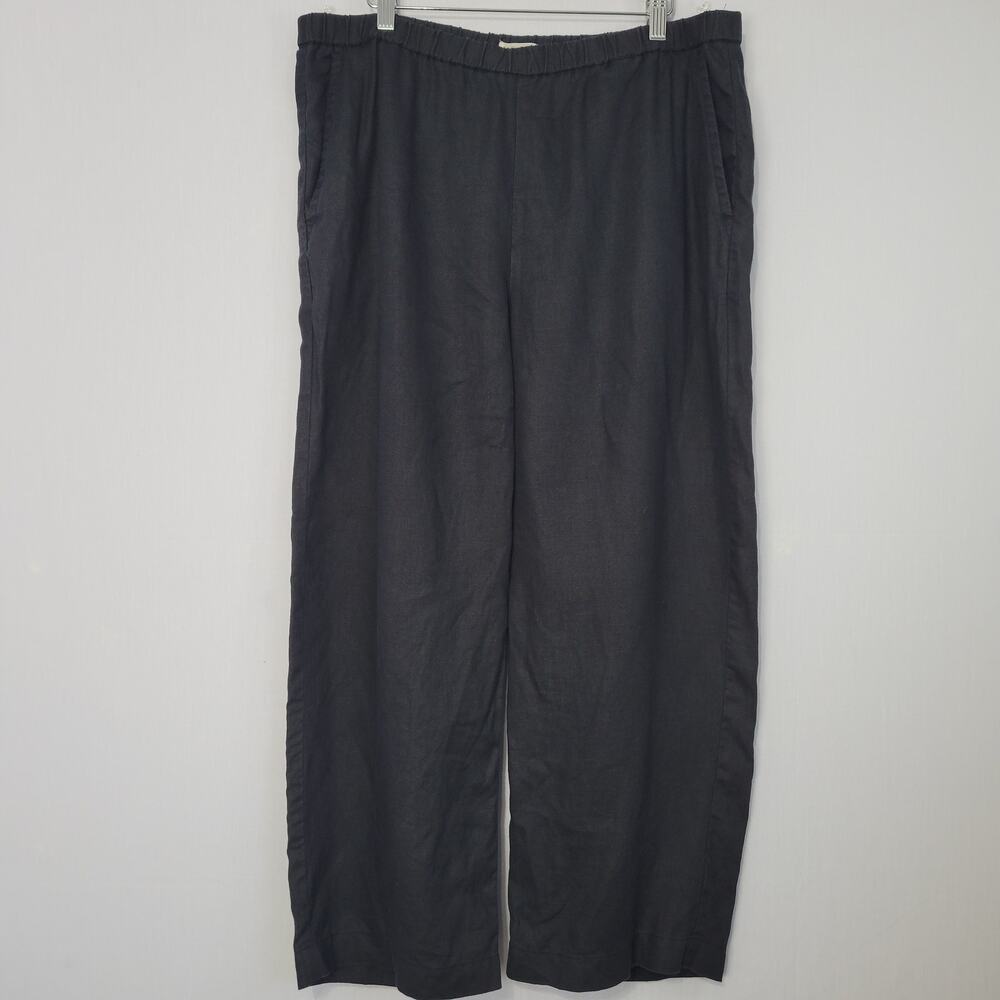 Eileen Fisher 100% Organic Linen Wide Leg Pull On Pants size L Black Minimalist